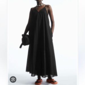 COS Black Pleated V-neck Linen Dress, US 2